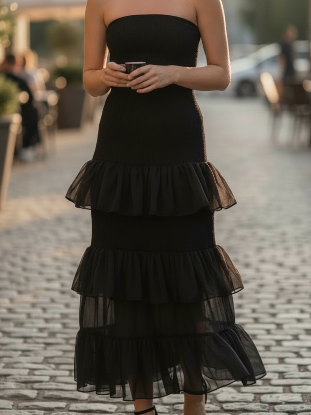 Black Vintage Strapless Tiered Ruffle Maxi Dress | Vintage-Inspired Chic